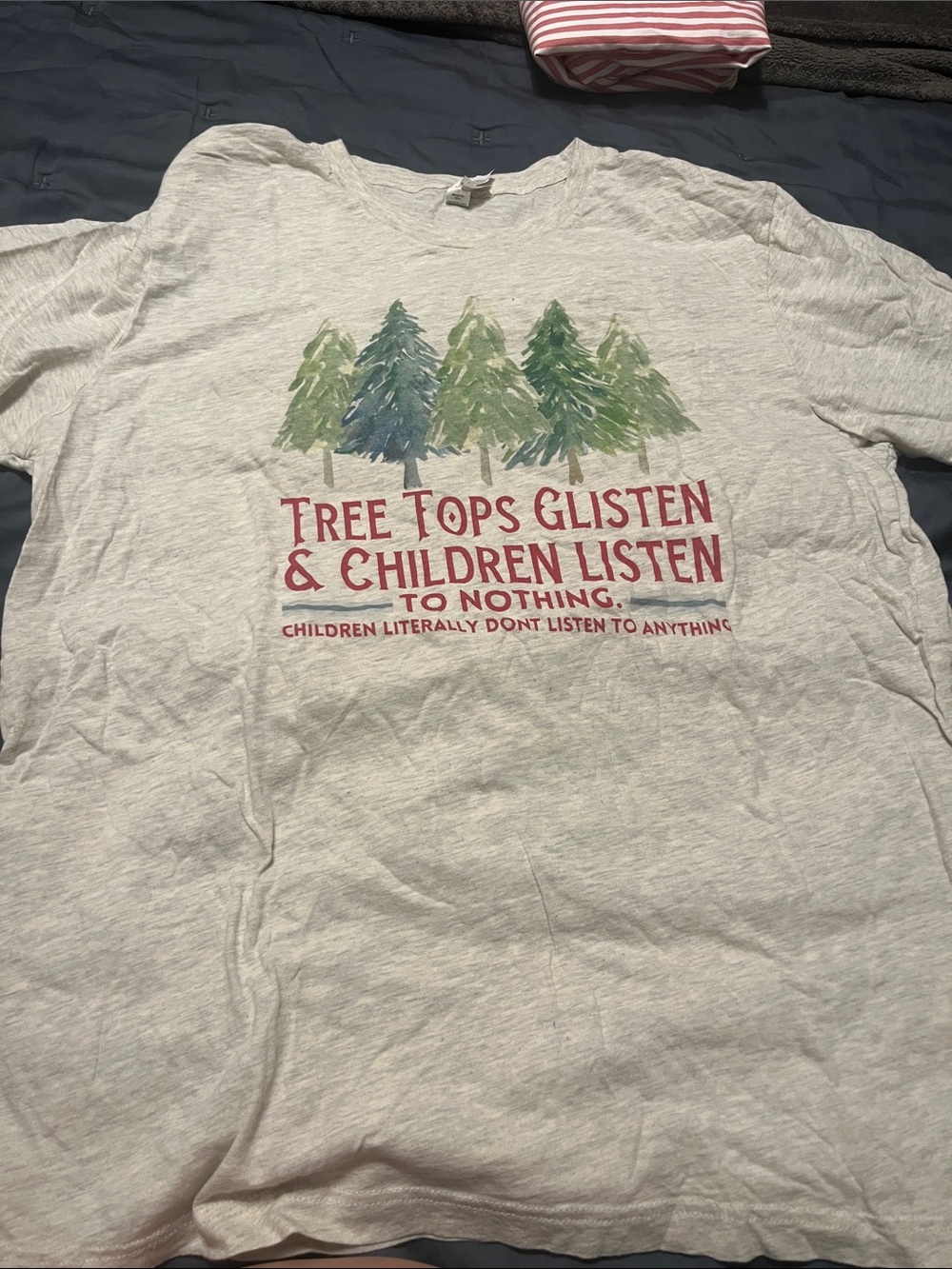 Bella Canvas Light Gray Tee with Green Tree Graphic and Red Text